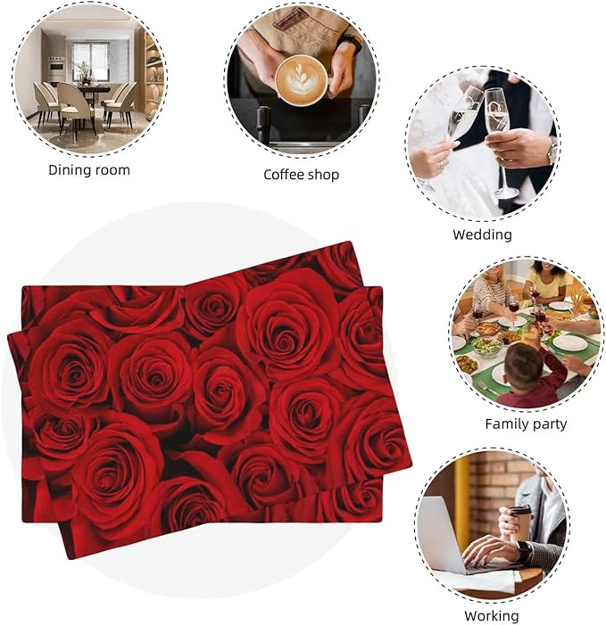 Red Rose Linen Table Placemats Set of 4 Beautiful Red Rose Placemats Home Party Kitchen Indoor Holiday Rustic Washable Heat Resistant Table Mats 12 x 18 Inch