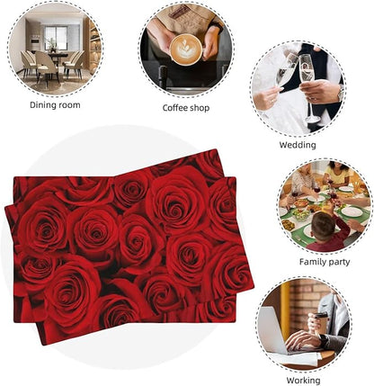 Red Rose Linen Table Placemats Set of 6 Beautiful Red Rose Placemats Home Party Kitchen Indoor Holiday Rustic Washable Heat Resistant Table Mats 12 x 18 Inch