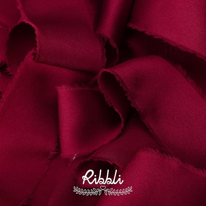 Ribbli Burgundy Silk Satin Ribbon 1.5 Inch x 30 Yard Handmade Frayed Chiffon Wine Red Ribbon for Gift Wrapping Wedding Invitations Bridal Bouquets Home Decor