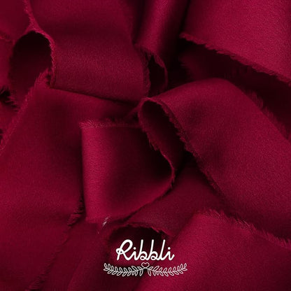 Ribbli Burgundy Silk Satin Ribbon 1.5 Inch x 30 Yard Handmade Frayed Chiffon Wine Red Ribbon for Gift Wrapping Wedding Invitations Bridal Bouquets Home Decor