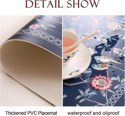 patdrea Blue Chinoiserie Rectangular PVC Placemats, Pack of 6, Waterproof Insulation, Soft and Durable, Suitable for Dining Table, Kitchen and Coffee Table Decoration,12"*17"