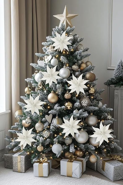 Hollyone 3PCS Poinsettia Christmas Flowers Artificial 11" Large Velvet White Glitter Poinsettia Flowers Christmas Tree Ornaments Floral Picks for Tree Wreath Garland Vase Table Centerpiece Home Decor
