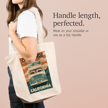 Oceanside, California, Camper Van, Letterpress (100% Cotton Canvas Reusable Tote Bag)