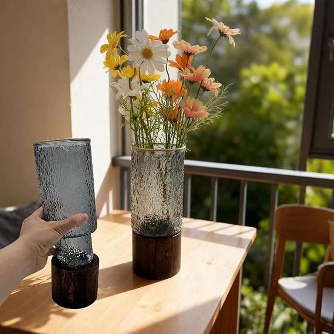 10 Inch Large Artistic Wood Base Glass Cylinder Flower Vase, Ins Modern Boho Water Wave Style for Home Kitchen Fireplace Office Desks, Houses, Garden Decorations