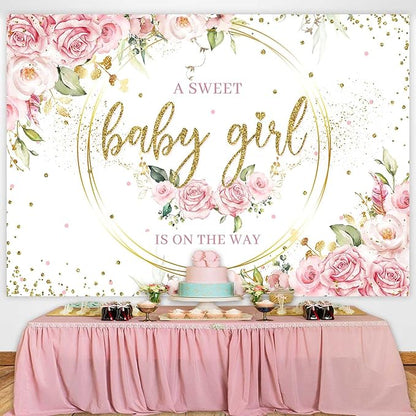 Sensfun Floral It's a Girl Baby Shower Backdrop A Sweet Baby Girl is On The Way Background Pink Flower Golden Loop Baby Shower Party Cake Table Decorations Banner Photoshoot Props (7x5ft)
