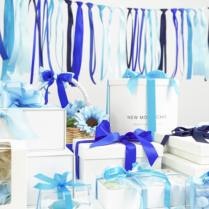 HUIHUANG Blue Solid Color Satin Ribbon Assortment - 5 Colors Double Face Satin Ribbon for Gift Wrapping, Wedding, Baby Shower - 3/8" X 10 Yard Each, Total 50 Yds Per Package
