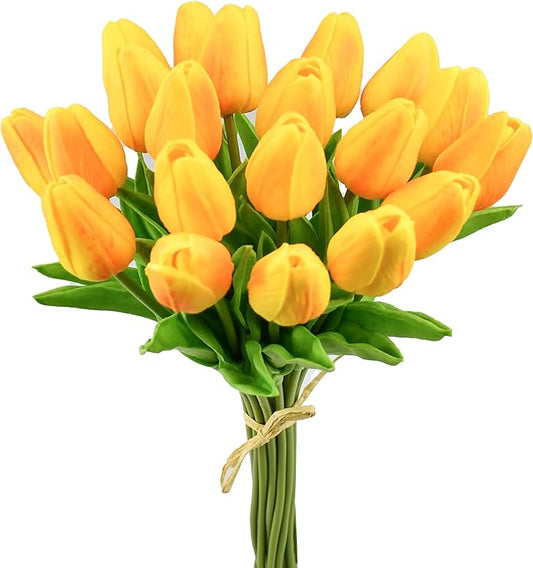 Mandy's Artificial Tulips 20 Stems Orange PU Faux Flowers for Thanksgiving and Christmas Decorations Wedding Home Decor 13.5 Inch