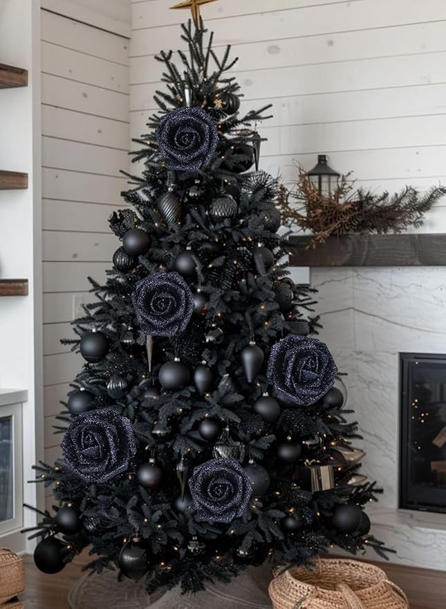 Glitter Roses 30pcs 2.56" Artificial Grey Black Roses with Stems for Baby Shower Decorations