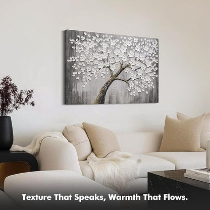 JUHOME Hand-Painted Black and White Thick Texture Flowers Abstract Oil Painting Wall Art,Floral Plum Blossom Tree with Raised Details,Modern Neutral Wall Decor for Home Bedroom,24x36
