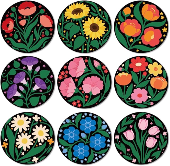 ANATTASOUL Coasters Set of 9 Art Flowers Pattern Colorful Wooden Coasters Bulk Round Housewarming Gift for New Home, 3.9" Decorative Coffee Table Protection for Farmhouse Bar House Decor