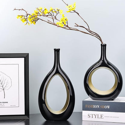 Black and Gold Vase Ceramic Black Vases Home Decor,Modern Minimalist Circle with Hole Decorative Vase, Hollow Ellipse Flower vases for Bookshelf, Fireplace Mantle, Centerpieces,Farmhouse,Rustic Décor