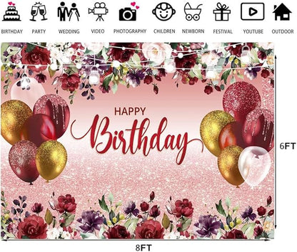 LTLYH Birthday Party Backdrop, 8x6ft, Red Flowers with Golden Glitter, Polyester, Decoration Banner, Photography Background, Birthday Party Supplies