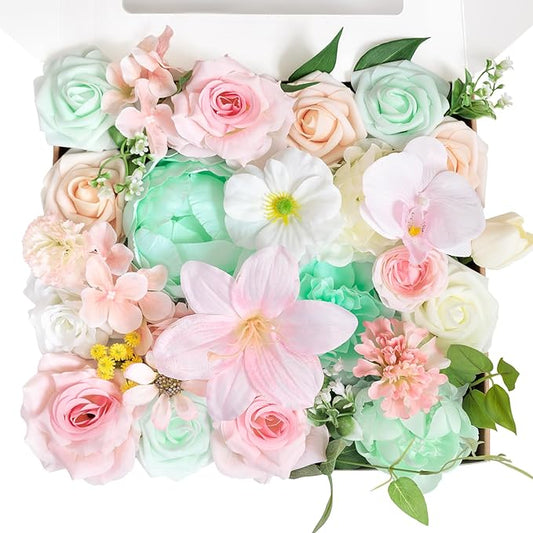 TINGE TIME Artificial Flowers Mint Green & Pink Flower Combo for DIY Wedding Bouquets Table Centerpieces Arrangements Party Baby Shower Home Summer Decorations