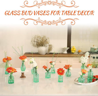 Green Vase, Bud Vases Set of 12, Small Green Glass Vases for Flowers Modern Ribbed Glass Bud Vase for Decor Wedding Flower Vase in Bulk Vintage Decor Bridal Shower Centerpieces Home Table Decoration