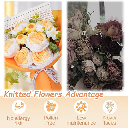 CHUNY Handmade Crochet Flower Bouquet, Knitted Flowers Rose for Lover, Family, Friends, Yarn Bouquet As a Everlasting Gift for Fathers Day, Wedding, Birthday, Anniversary, Graduation
