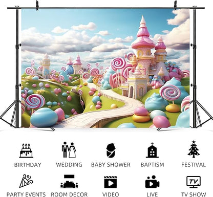 15x8ft Candyland Backdrop Fantasy Candy Castle Photography Background Sweet Lollipop Dream Blue Sky White Cloud Kids Birthday Banner Decorations Baby Shower Newborn Portrait Photo Booth Prop