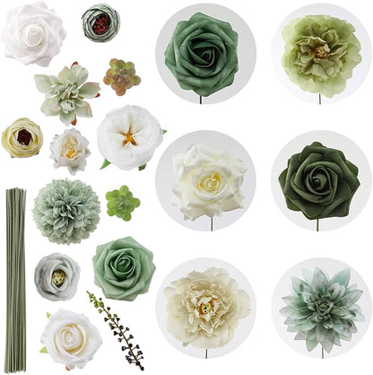 Floweroyal Artificial Flowers Combo Green Flowers Mix Silk Flowers Dahlia Roses with Stems for DIY Wedding Bridal Bouquets, Baby Shower, Floral Arrangement, Table Centerpieces, Home Decorations.