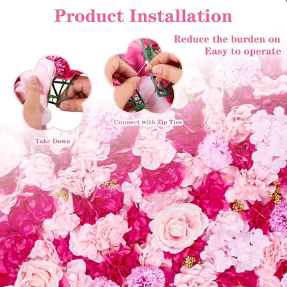 Wedding Backdrop Flower Wall Panels: 24 Packs 15x15 Inches Hot Pink Background - Bridal Shower Party Anniversary Ceremony Decor