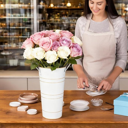 10" Tall Flower Buckets Metal Vase - Pack of 10 Rustic Farmhouse Centerpiece Vases for Table with Handles, Wedding Home Table Decor, Farmhouse White Flower Bar Bucket Holder