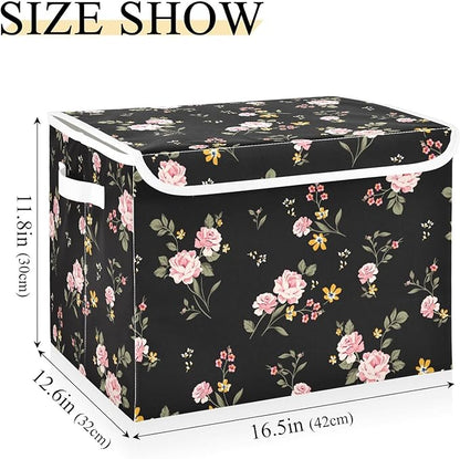 Flower Baskets Collapsible Storage Bins with Lids, Purple Green Rose Flower Storage Boxes Clothes Baskets for Organizing