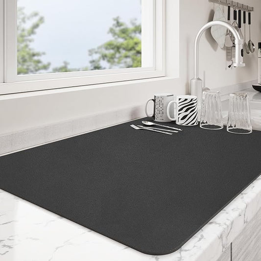 Dish Drying Mat for Kitchen Counter | Coffee Bar Mat for Countertops | Heat Resistant Drainer Mat with Non-slip Rubber Backed | Hide Stain Kitchen Absorbent Draining Mat | Black 16"x24"
