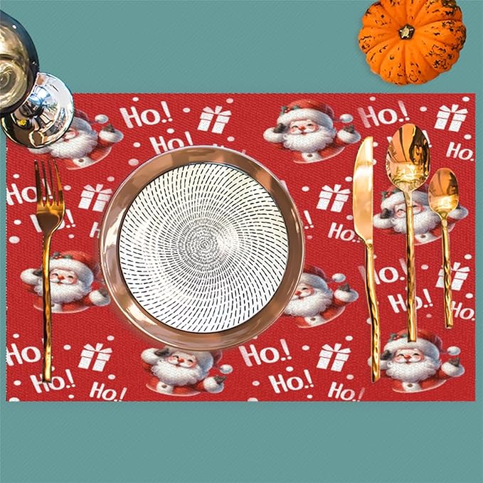 Christmas Xmas Ho Santa Claus Placemats Set of 1 PVC Vinyl Non Slip Table Mats Heat Resistant Place Mats Washable Wipeable Dining Table Mat for Kitchen Decor Party Indoor Outdoor Decorative Gift