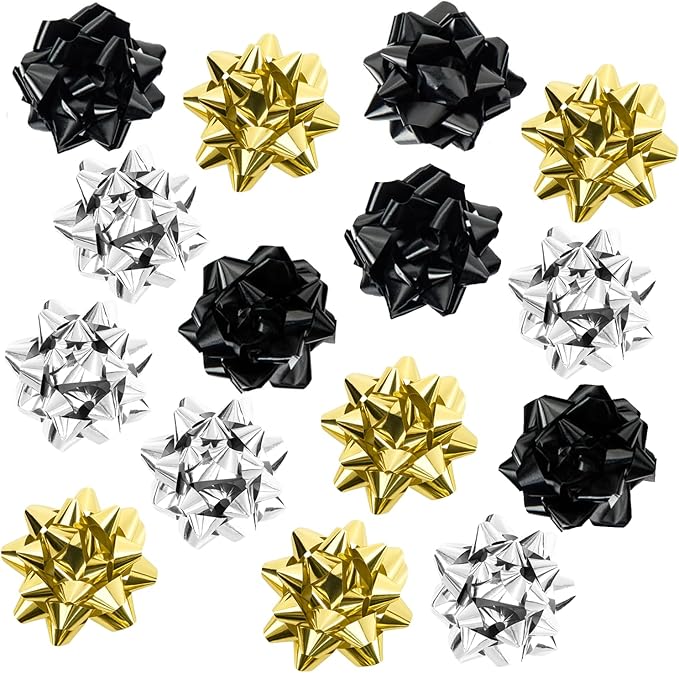 15 Pcs Gift Bows Assortment, Decor for Christmas, Birthdays, Weddings, Holiday Embellishments, Presents, Wrapping Paper, Anniversaries, Baby Showers, Bridal Showers, Hanukkah (Black+Gold+Silver)