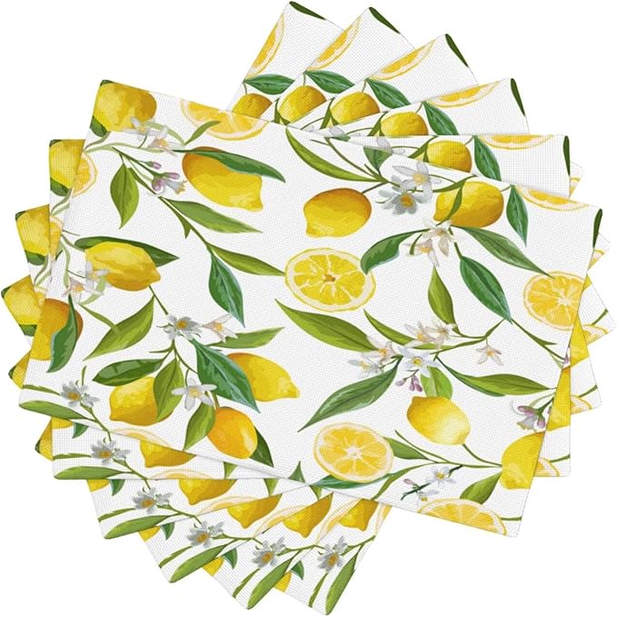 Lemon Table Placemats Set of 6 Summers Fruits Linen Placemats for Indoor Outdoor Party Home Desktop Kitchen Dining Room Decor 12x18 Inch