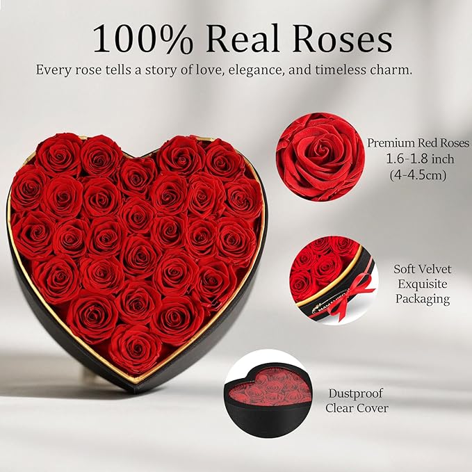27 Preserved Roses in Heart Shape Gift Box for Her - Forever Flowers for Delivery, Eternal Rose Mothers Gifts for Mom, Wife Anniversary Birthday Gifts for Women, Red