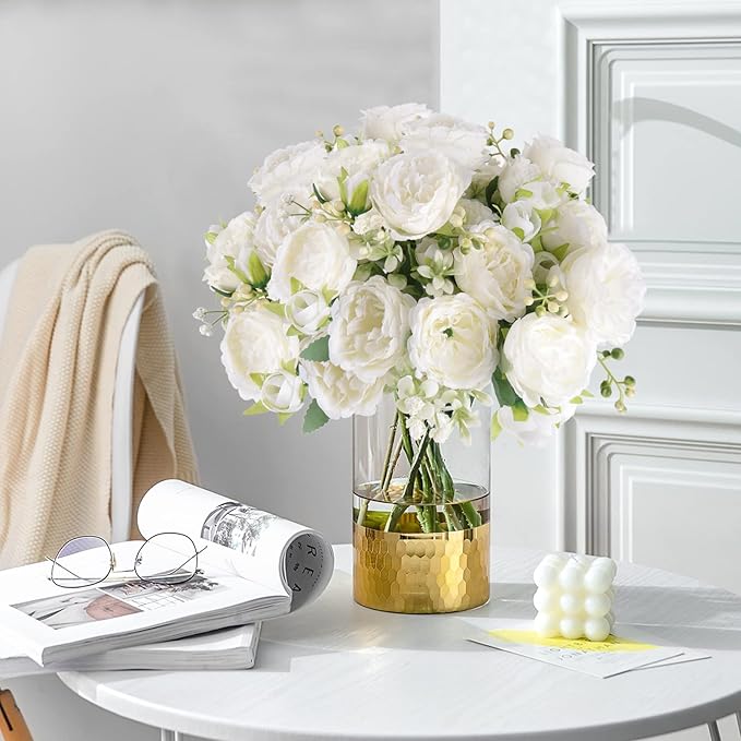 4 Bundles Artificial Peonies Silk Flowers, White Faux Peony Bouquet Florals Arrangements Decor for Farmhouse Home Boho Wedding Table Centerpiece, Fake Plastic Flowers Bulk Vase Decoration (White)