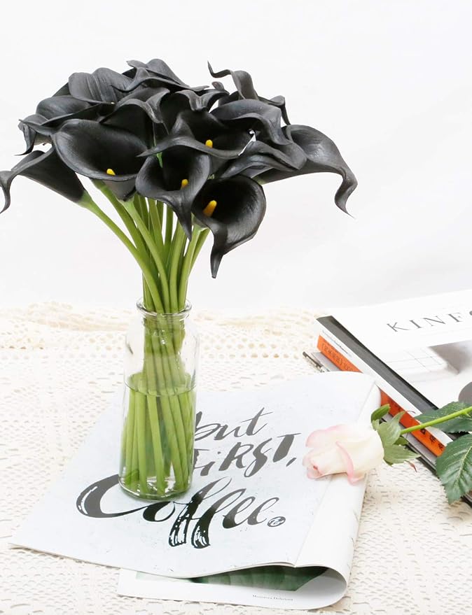 DuHouse 20Pcs Artificial Calla Lily Flower Real Touch Latex Flowers for DIY Wedding Bouquet Party Home Decor (Black)
