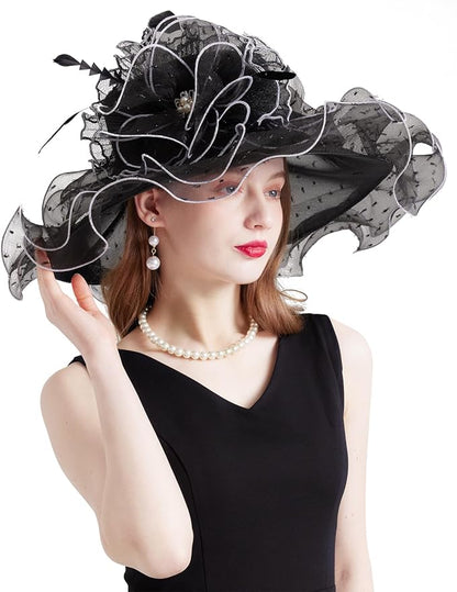 Organza Derby Hats for Women Wide Brim Fascinator Hat Rose Flower Wedding Tea Party Hat