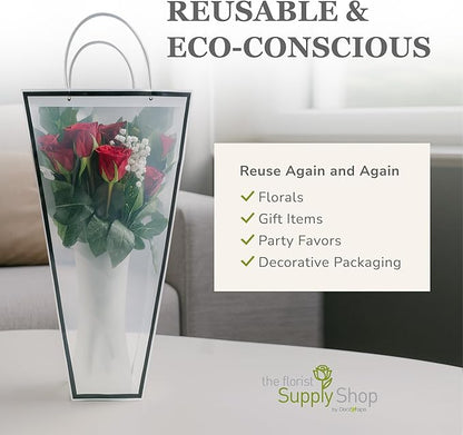 14 Reusable Floral Vase Bag for Bouquets - Portable Flower Bouquet Bags with Ventilation Holes and Ergonomic Handles, Gift-Ready, Tuxedo Black