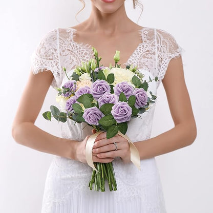 Mocoosy 50Pcs Rose Artificial Flowers, Lilac Fake Roses for Decorations, Light Purple Foam Rose Bulk with Stem DIY Wedding Bouquets Floral Arrangements Bridal Shower Centerpiece Party Home Table Decor