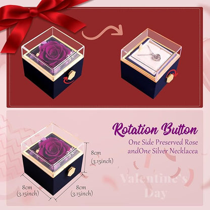 Preserved Real Purple Forever Rose Rotating Box with I Love You Necklace 100 Languages,Forever Flowers Rotating Jewelry Box Gifts for Women Mom Wife Girlfriend,Mothers Day Birthday Anniversary