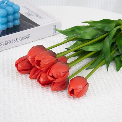 10 Pack Real Touch Tulips Artificial Flowers, 15.7 Inch Bendable Latex Tulips - No Maintenance Faux Flowers for Vase, Home Decor, Wedding Centerpiece (Red)