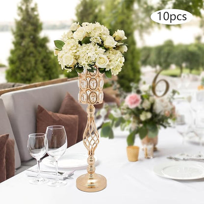 Wedding Centerpieces for Tables, 10 Pcs Vases for Centerpieces with Crystal Beads, 24in Tall Wedding Vase for Tables, Metal Flower Vase Stand with Crystal Beads for Wedding (Gold)