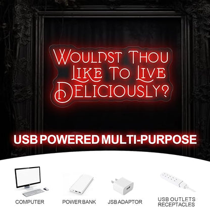 Wouldst Thou Like to Live Deliciously?Live Deliciously Neon Sign, Vintage Font Decor,Goth Room Decor,Gothic Horror Sign,Gothic Halloween Sign, Encouraging Light, Pink Led Light for Bedroom, Club