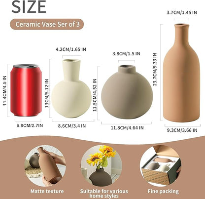 Vase Set of 3 | Ceramic Neutral Vases Home Decor | Rustic Flower Pottery Vases Modern Farmhouse Vase for Table Entryway Mantel Centerpiece Bookshelf Living Room Bathroom Bedroom -Brown Large