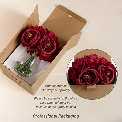 Artificial Flowers Silk Peonies & Hydrangea in Glass Vase with Fake Water, Fake Rose Bouquet Arrangement with Vase for Home Wedding Christmas Party Decor as Table Centerpieces & Gift (Classical Red)