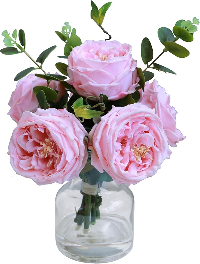 Forlaoers Real Touch Pink Floral Rose Fake Flower Bouquet in Fake Water Silk Flower Arrangements Artificial Flowers with Vase Centerpieces for Center Table Decor Dining Room House Kitchen Decorations