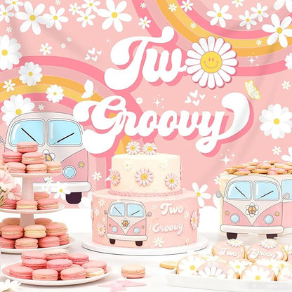 Two Groovy 2nd Birthday Backdrop for Girls Daisy Flower Boho Rainbow Photography Background Retro Hippie Peace Love Second Birthday Party Decorations Banner Supplies Photo Booth Props 7x5ft