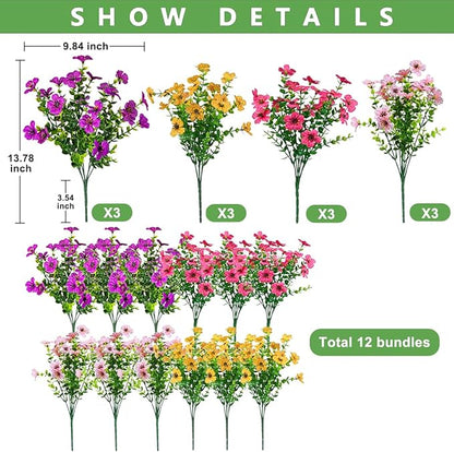 12 Bundles Artificial Flowers for Outdoor,No Fade UV Resistant Fake Flowers,Faux Plants for Outside Hanging Planters,Artificial Plants for Indoor Porch Garden Home Wedding Decor(4 Color)