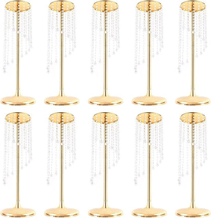 Bud Vases | Vase| 10PCS Gold Crystal Flower Vases | 27.5" Height | Elegant Wedding Centerpieces | Sparkling Crystal Accents | for Wedding Aisle Decor, Wedding Reception, Event Centerpieces