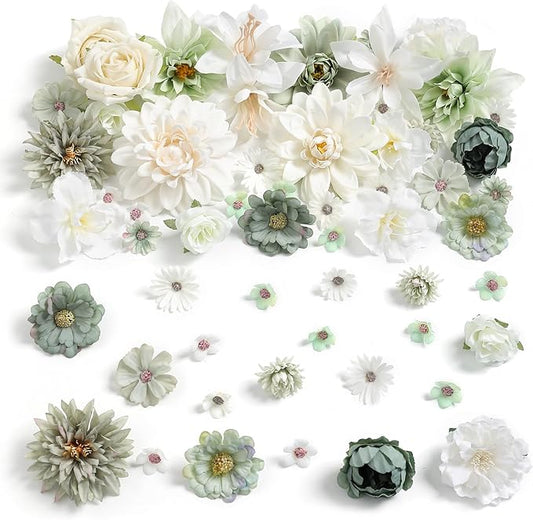 Artificial Flowers Heads Combo White Green Flowers Mix Silk Flowers Dahlia Roses for Graduation Cap DIY Cake Wedding Party Floral Arrangement Table Centerpieces Home Decorations