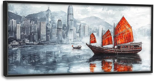 Cityscape Boat Large Wall Art Sailboat Pictures Wall Decor Coastal Canvas Ocean Nautical Print Painting Modern Artwork Home Decoration for Living Room Bathroom Bedroom Office Framed 60"x30"