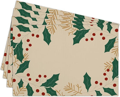Beige Christmas Placemats Set of 4, Berries Dining Mat Cotton Linen Waterproof Table Mats Decor Fabric for Christmas Holiday Kitchen Dinner Table, Washable Wipeable Placemat -N039