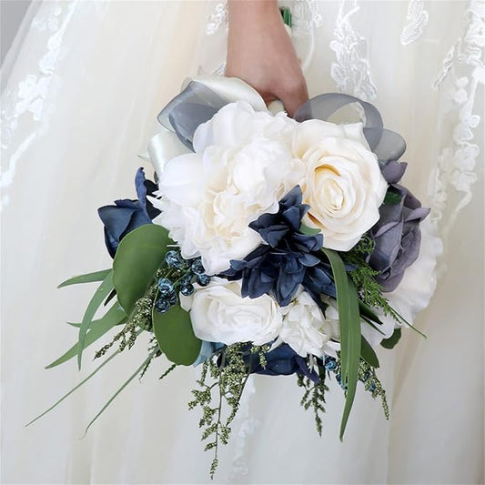 Wedding Bouquet Artificial Navy Blue Roses Flower Bride Bridal Bouquets Handmade Silk Flower Wedding Bride Bouquets for Church Party Home Decoration (Navy Blue)