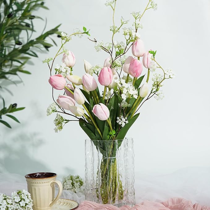 Real Touch Artificial Tulips, 20pcs Fake Tulip Flower Stem, PU Faux Tulip 19.7” for Mother's Day Easter Valentine's Gift, Home Decor Wedding, Table Centerpiece, Floral Arrangement, Light Pink
