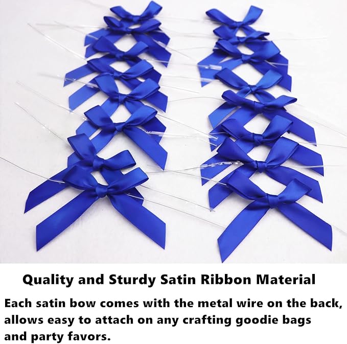 100 PCS 3 Inches Satin Bow Twist Ties, Ribbon Twist Tie Bows for Treat Bags, Pretied Bows, Twist Tied Bows with Wire for Bags, Pre Tied Ribbon Bows for Baby Shower, Favors, Popcorn(Royal Blue)